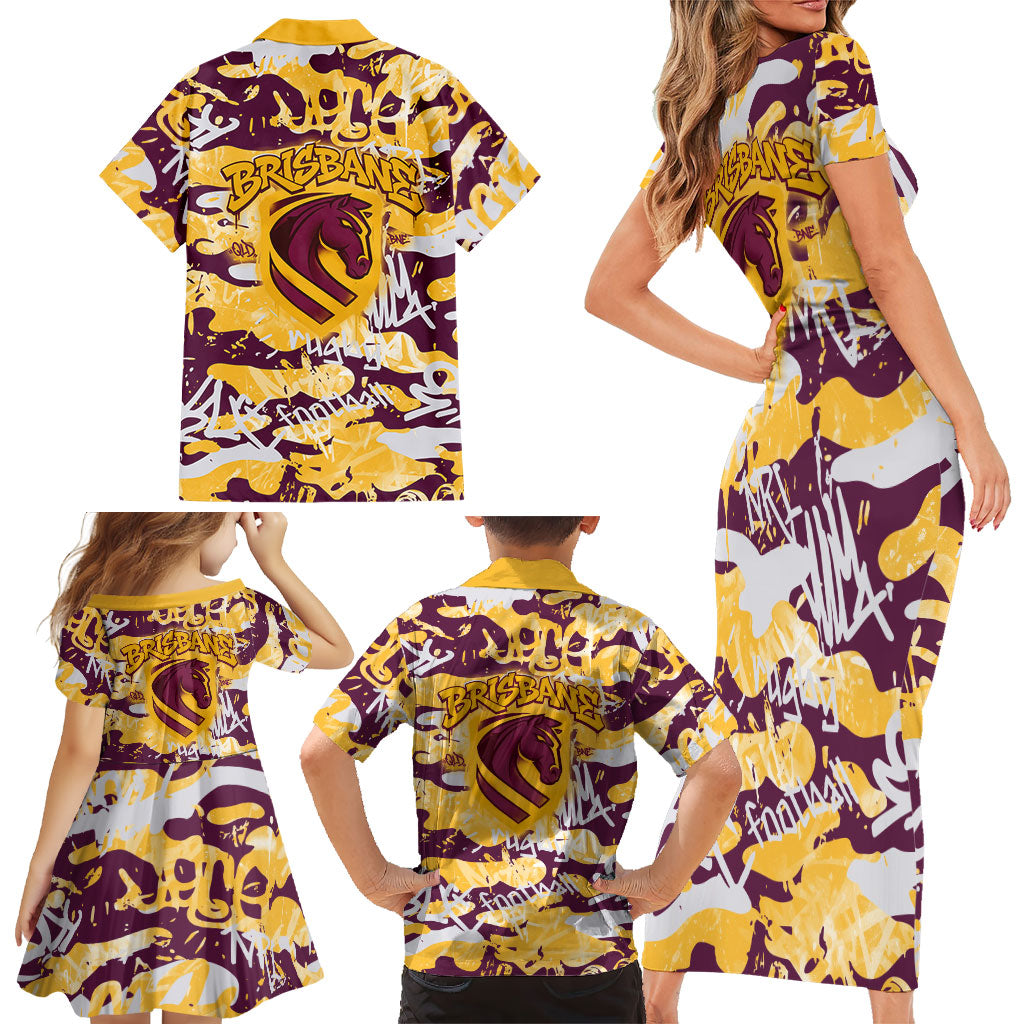 Brisbane Broncos Rugby Family Matching Short Sleeve Bodycon Dress and Hawaiian Shirt Graffiti Typography Urban Camo Abstract Street Style