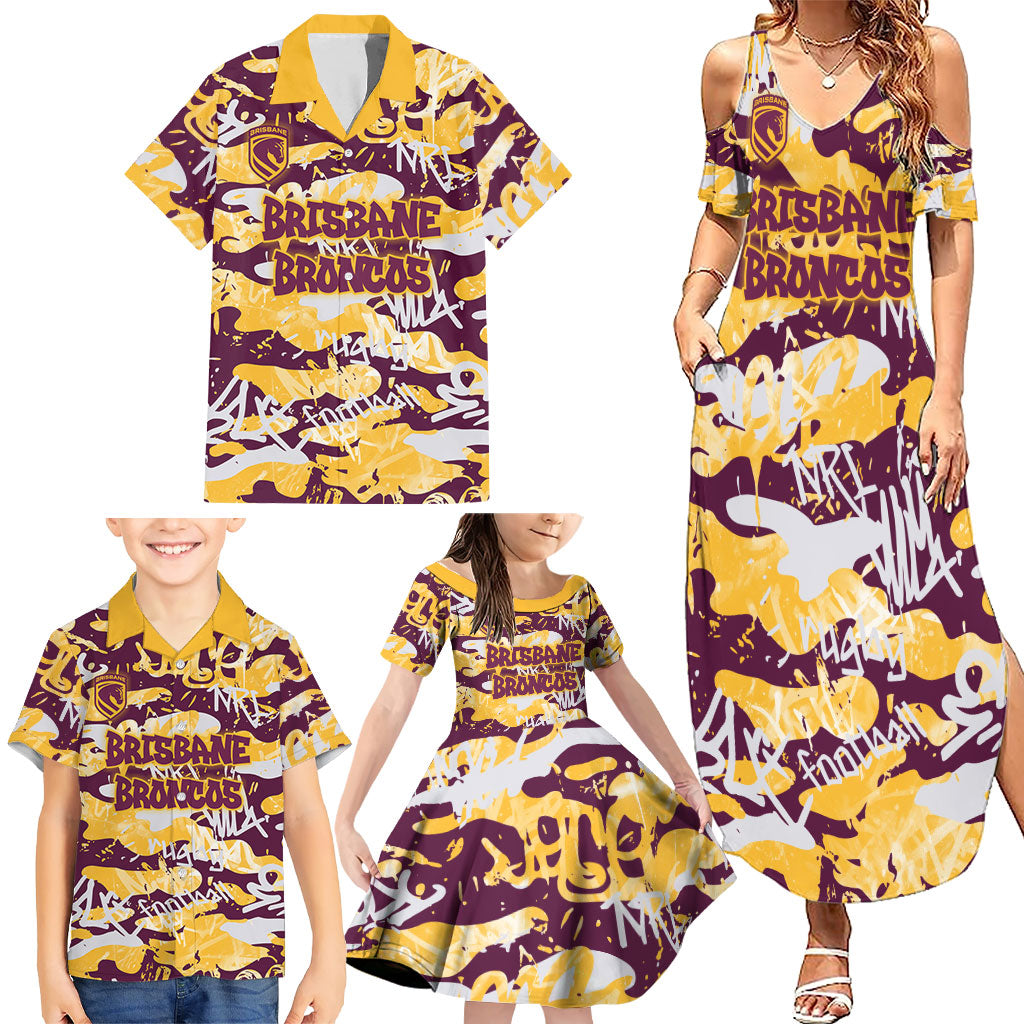 Brisbane Broncos Rugby Family Matching Summer Maxi Dress and Hawaiian Shirt Graffiti Typography Urban Camo Abstract Street Style