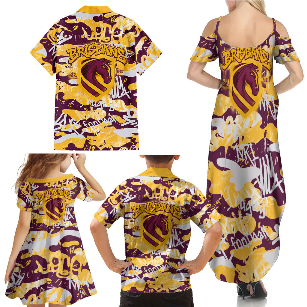 Brisbane Broncos Rugby Family Matching Summer Maxi Dress and Hawaiian Shirt Graffiti Typography Urban Camo Abstract Street Style