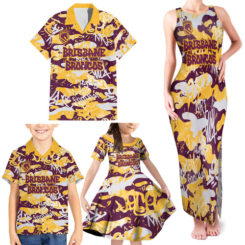 Brisbane Broncos Rugby Family Matching Tank Maxi Dress and Hawaiian Shirt Graffiti Typography Urban Camo Abstract Street Style