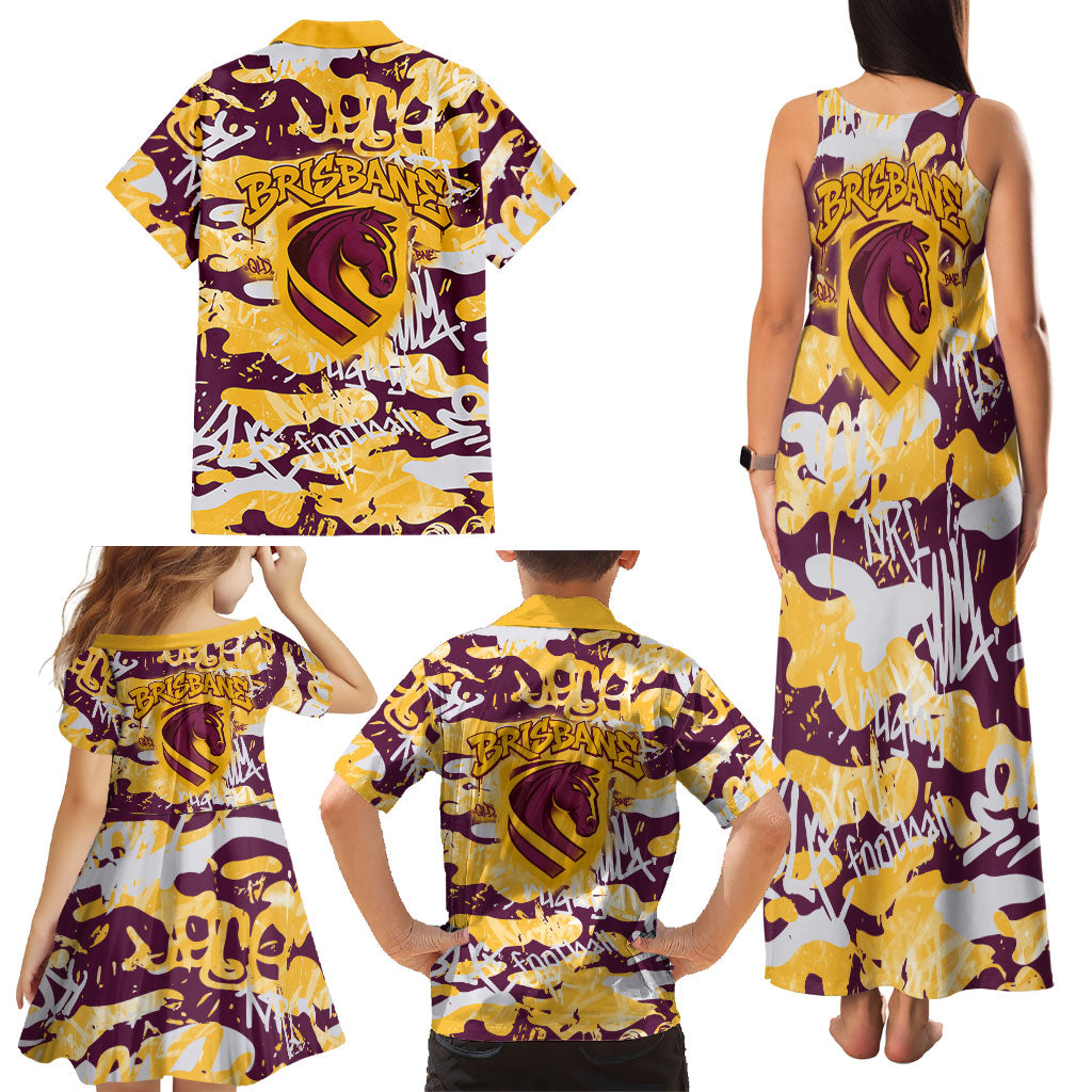 Brisbane Broncos Rugby Family Matching Tank Maxi Dress and Hawaiian Shirt Graffiti Typography Urban Camo Abstract Street Style