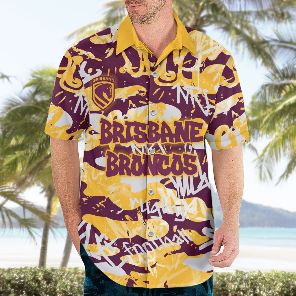 Brisbane Broncos Rugby Hawaiian Shirt Graffiti Typography Urban Camo Abstract Street Style