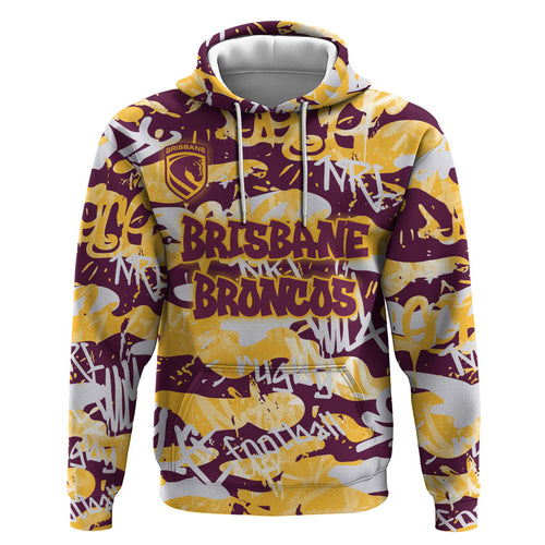 Brisbane Broncos Rugby Hoodie Graffiti Typography Urban Camo Abstract Street Style