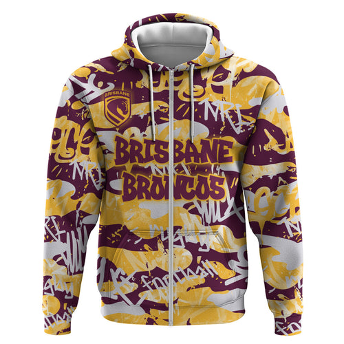 Brisbane Broncos Rugby Hoodie Graffiti Typography Urban Camo Abstract Street Style