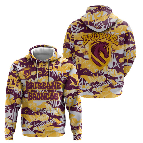 Brisbane Broncos Rugby Hoodie Graffiti Typography Urban Camo Abstract Street Style