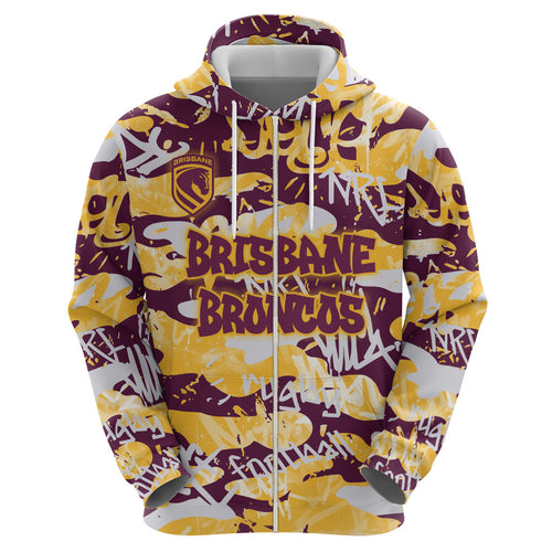 Brisbane Broncos Rugby Hoodie Graffiti Typography Urban Camo Abstract Street Style