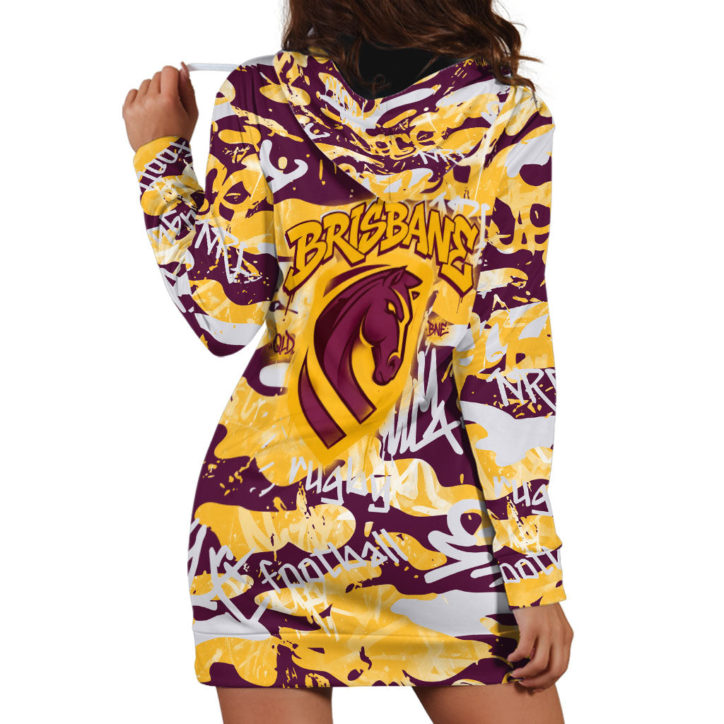 Brisbane Broncos Rugby Hoodie Dress Graffiti Typography Urban Camo Abstract Street Style