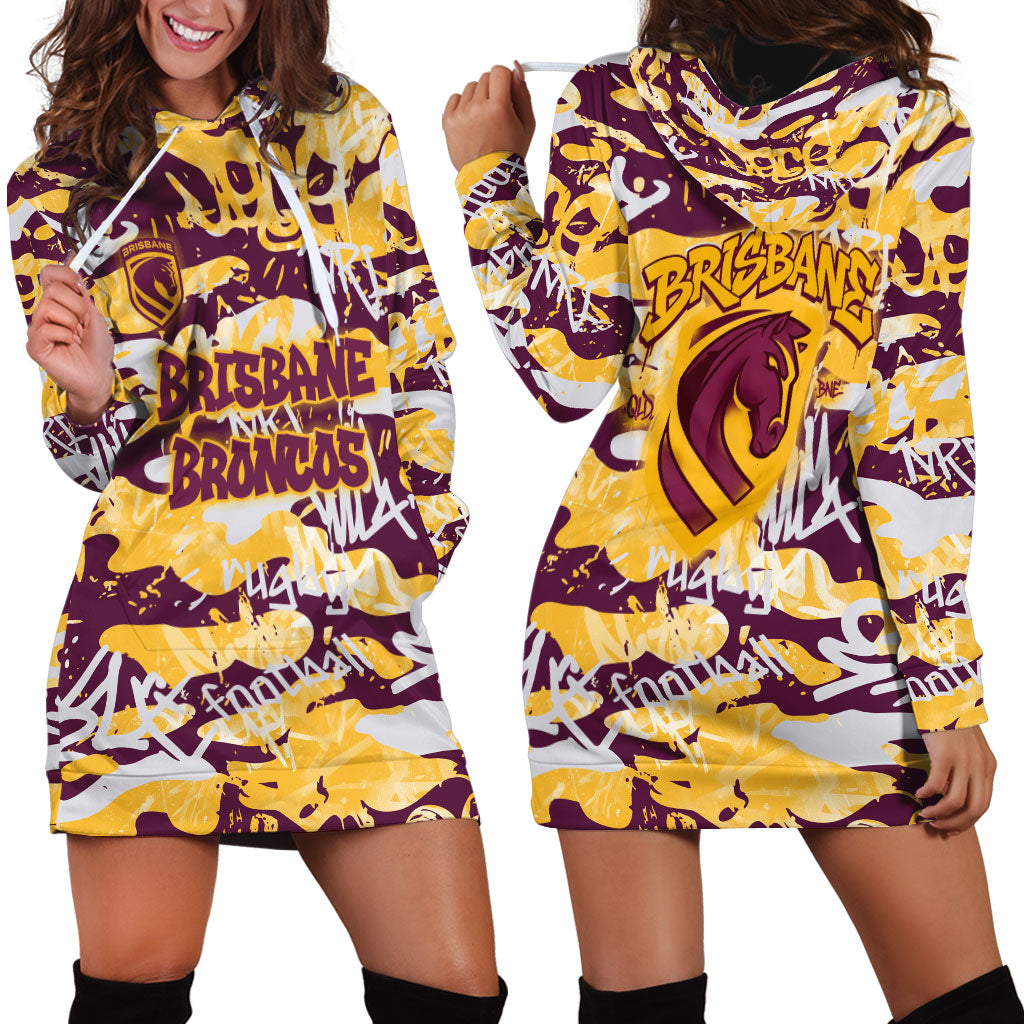 Brisbane Broncos Rugby Hoodie Dress Graffiti Typography Urban Camo Abstract Street Style