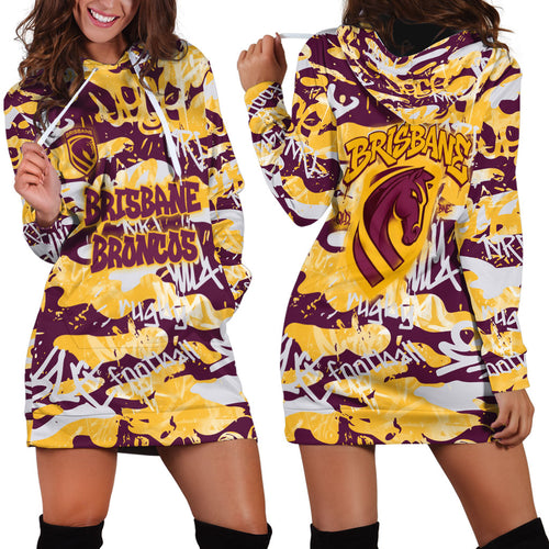 Brisbane Broncos Rugby Hoodie Dress Graffiti Typography Urban Camo Abstract Street Style