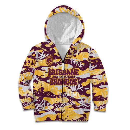 Brisbane Broncos Rugby Kid Hoodie Graffiti Typography Urban Camo Abstract Street Style