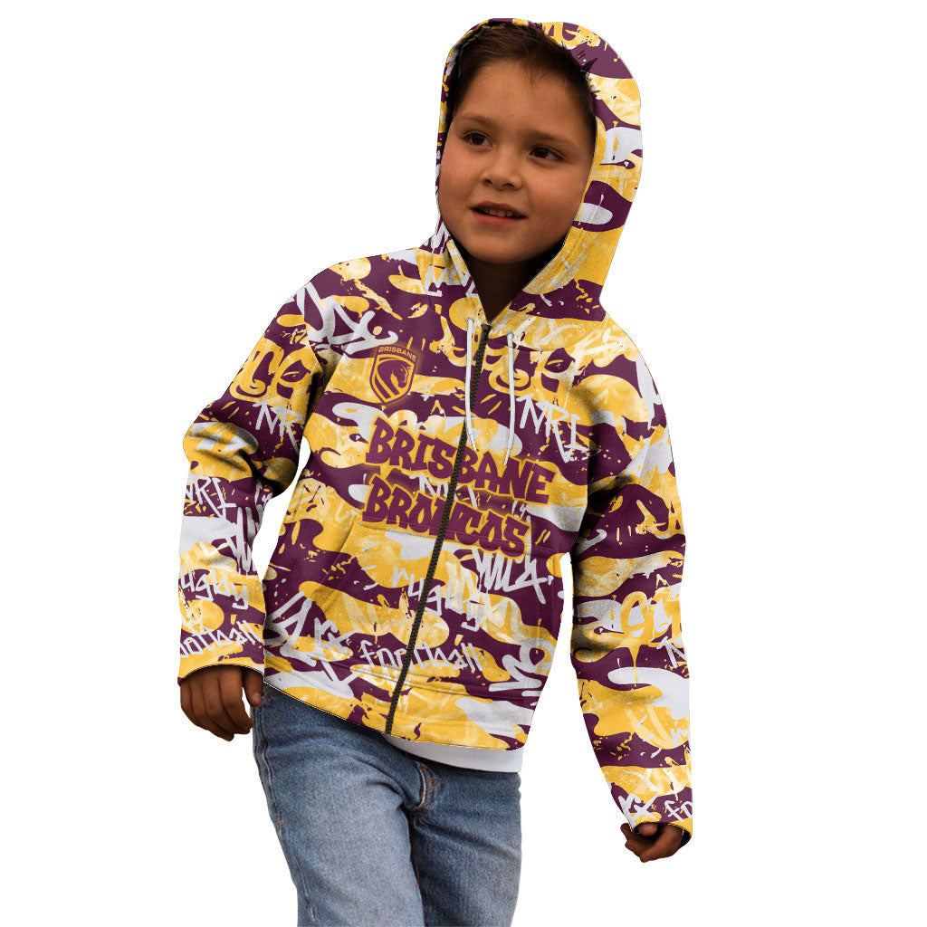 Brisbane Broncos Rugby Kid Hoodie Graffiti Typography Urban Camo Abstract Street Style