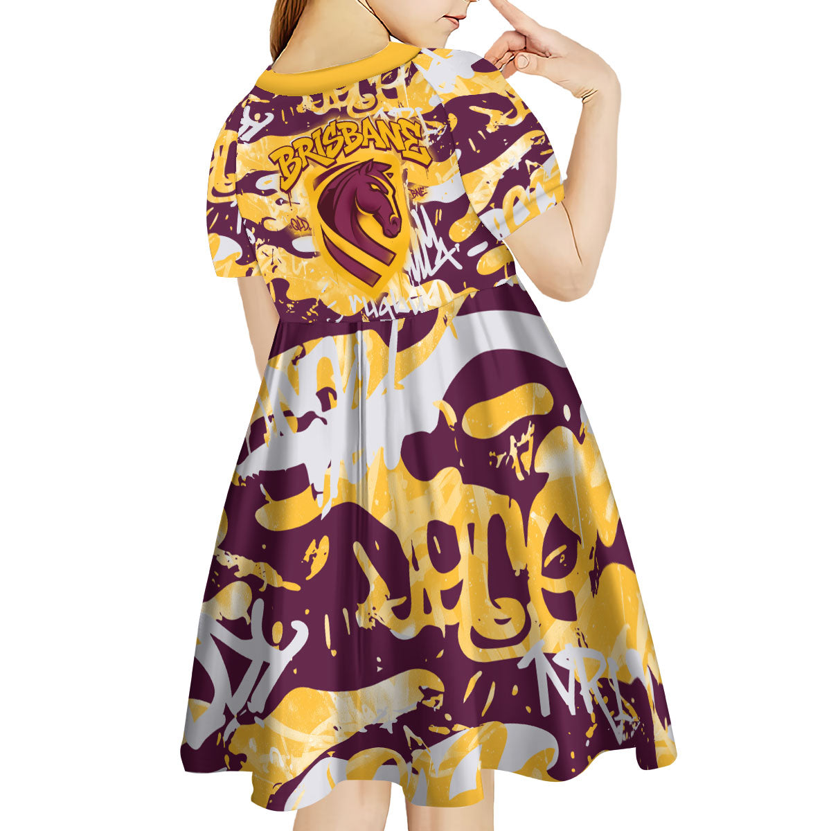 Brisbane Broncos Rugby Kid Short Sleeve Dress Graffiti Typography Urban Camo Abstract Street Style