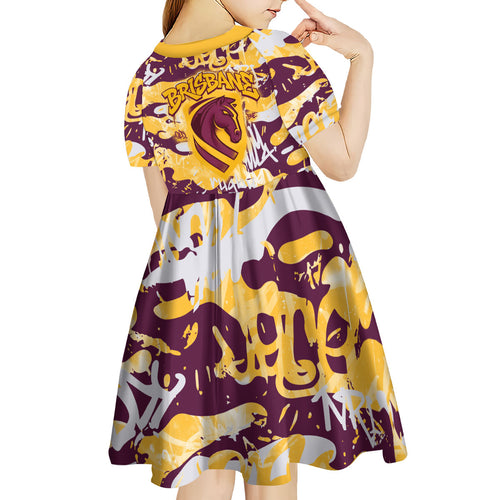 Brisbane Broncos Rugby Kid Short Sleeve Dress Graffiti Typography Urban Camo Abstract Street Style