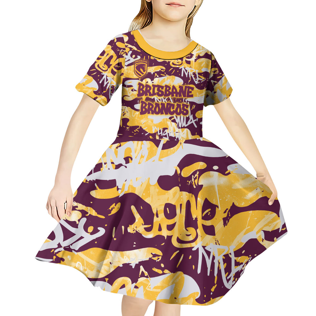 Brisbane Broncos Rugby Kid Short Sleeve Dress Graffiti Typography Urban Camo Abstract Street Style