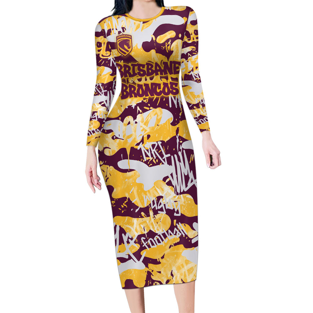 Brisbane Broncos Rugby Long Sleeve Bodycon Dress Graffiti Typography Urban Camo Abstract Street Style