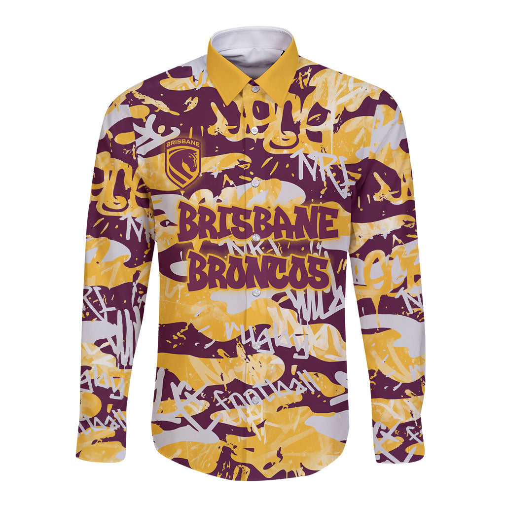 Brisbane Broncos Rugby Long Sleeve Button Shirt Graffiti Typography Urban Camo Abstract Street Style