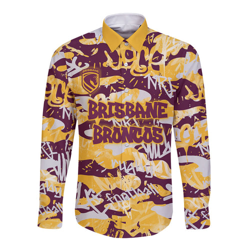 Brisbane Broncos Rugby Long Sleeve Button Shirt Graffiti Typography Urban Camo Abstract Street Style