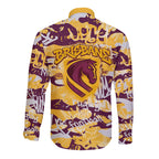 Brisbane Broncos Rugby Long Sleeve Button Shirt Graffiti Typography Urban Camo Abstract Street Style