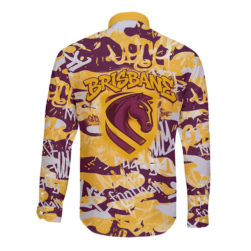 Brisbane Broncos Rugby Long Sleeve Button Shirt Graffiti Typography Urban Camo Abstract Street Style