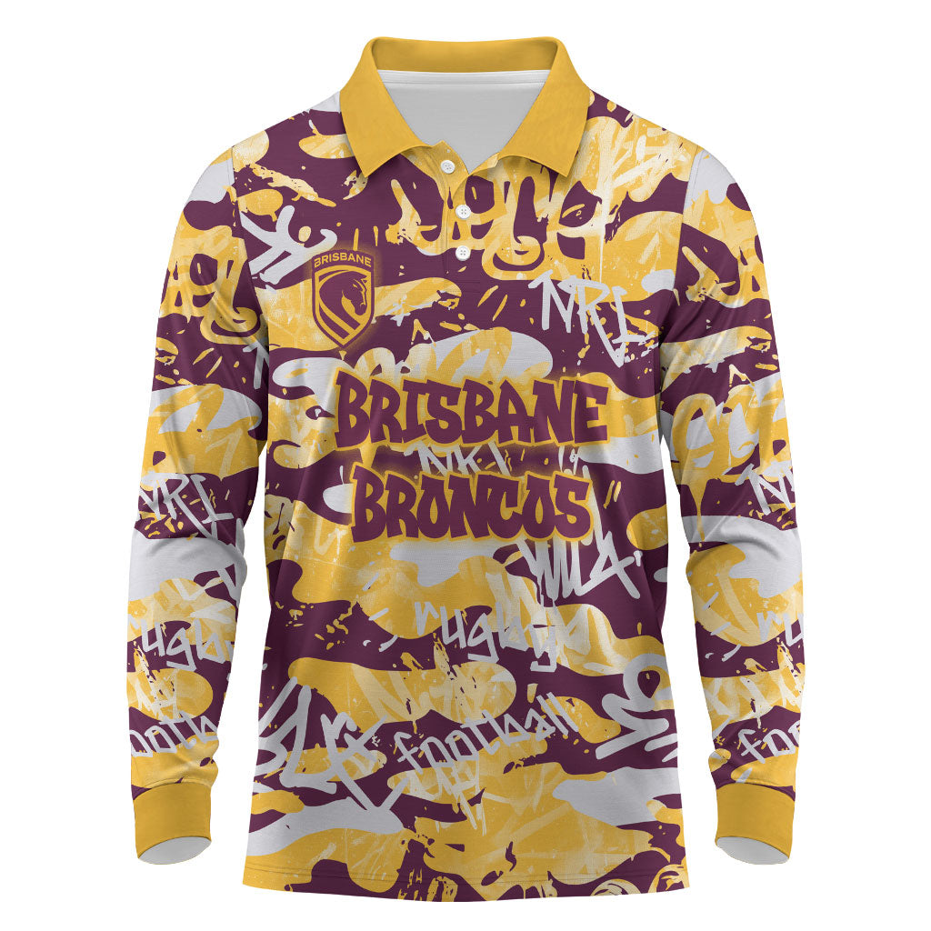 Brisbane Broncos Rugby Long Sleeve Polo Shirt Graffiti Typography Urban Camo Abstract Street Style