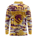 Brisbane Broncos Rugby Long Sleeve Polo Shirt Graffiti Typography Urban Camo Abstract Street Style