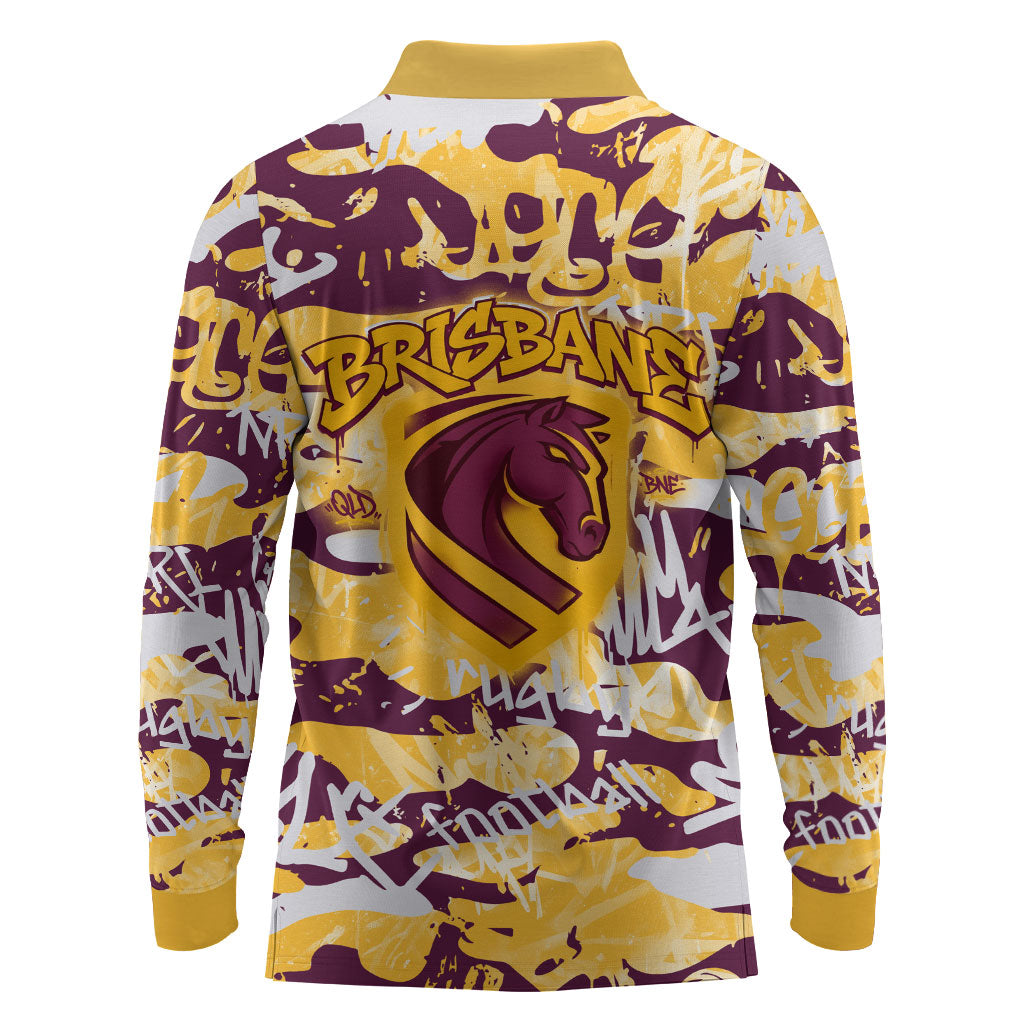 Brisbane Broncos Rugby Long Sleeve Polo Shirt Graffiti Typography Urban Camo Abstract Street Style