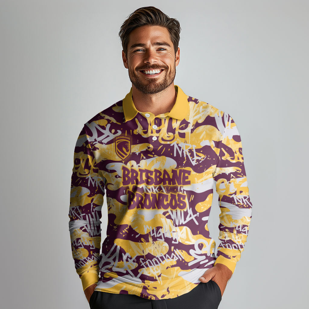 Brisbane Broncos Rugby Long Sleeve Polo Shirt Graffiti Typography Urban Camo Abstract Street Style