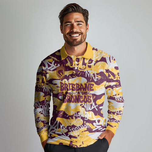 Brisbane Broncos Rugby Long Sleeve Polo Shirt Graffiti Typography Urban Camo Abstract Street Style