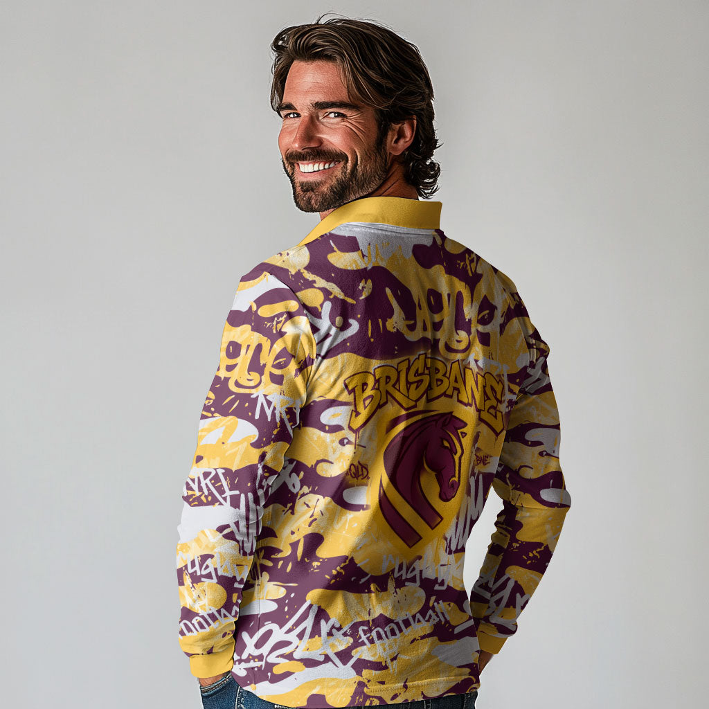 Brisbane Broncos Rugby Long Sleeve Polo Shirt Graffiti Typography Urban Camo Abstract Street Style