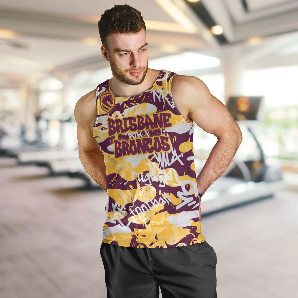 Brisbane Broncos Rugby Men Tank Top Graffiti Typography Urban Camo Abstract Street Style