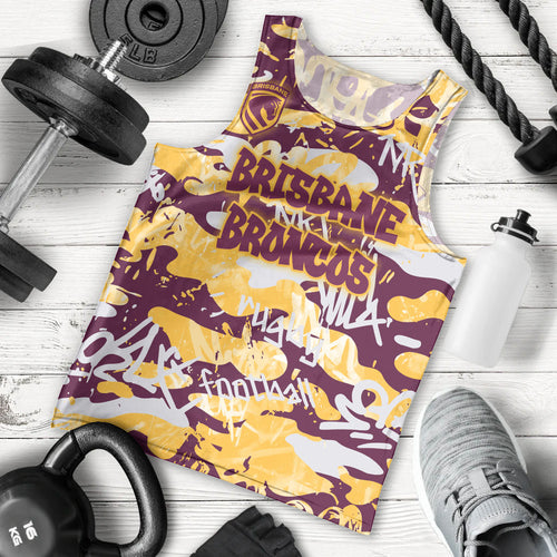 Brisbane Broncos Rugby Men Tank Top Graffiti Typography Urban Camo Abstract Street Style