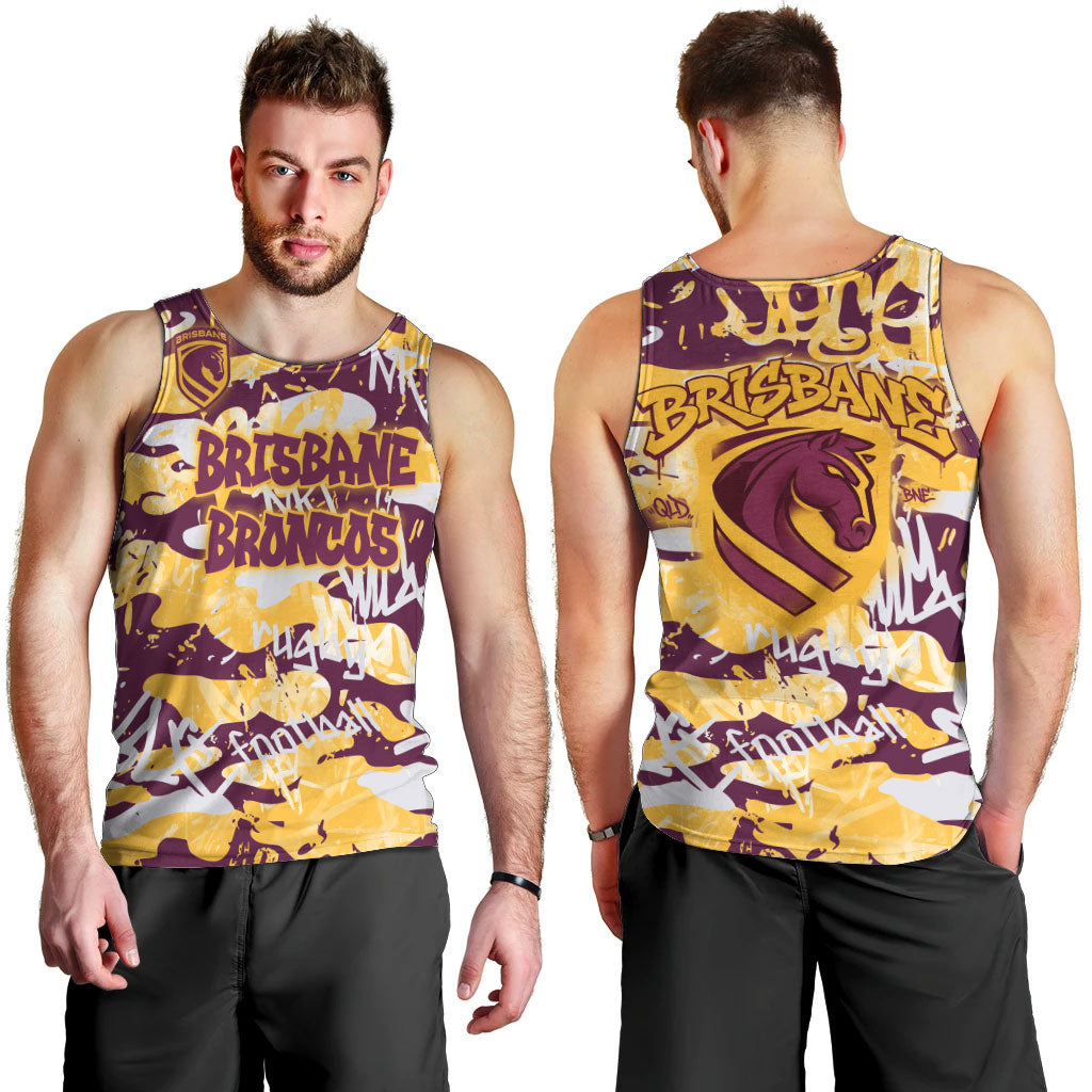 Brisbane Broncos Rugby Men Tank Top Graffiti Typography Urban Camo Abstract Street Style