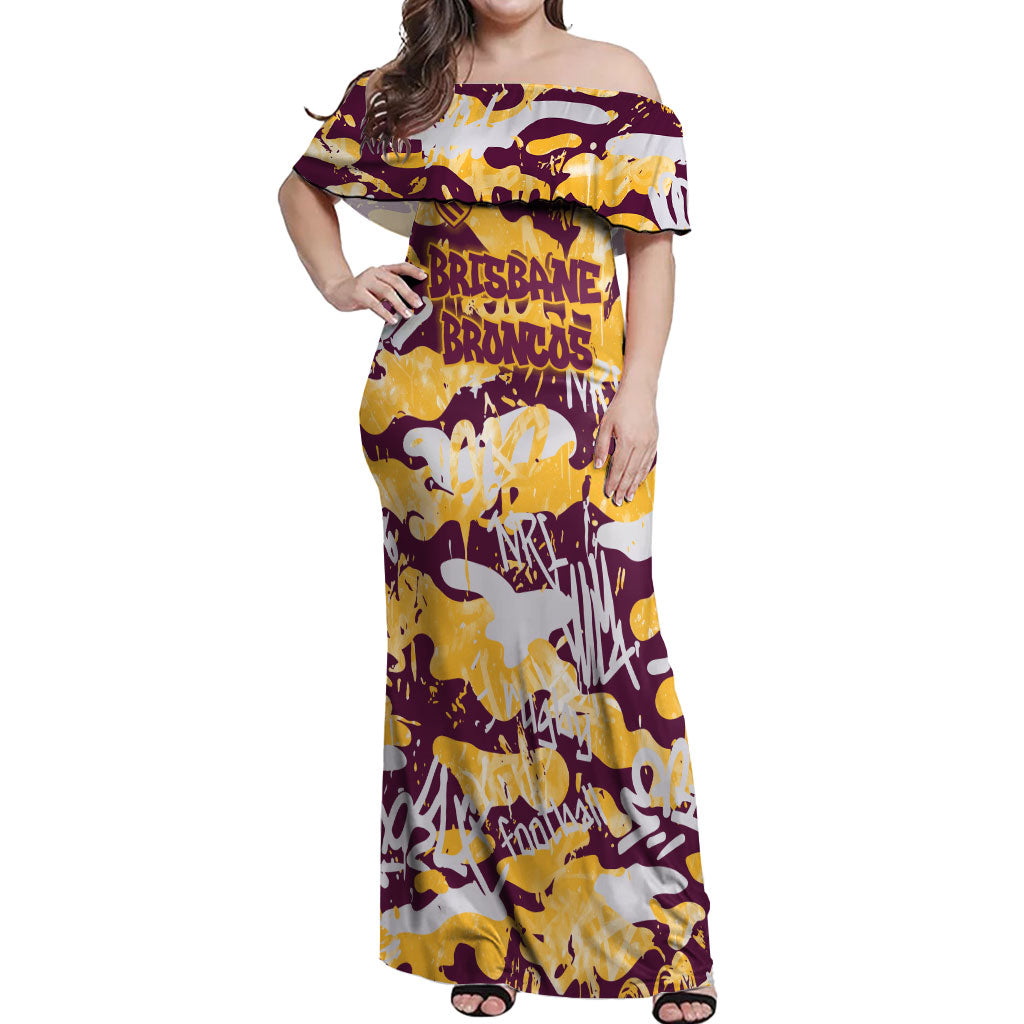 Brisbane Broncos Rugby Off Shoulder Maxi Dress Graffiti Typography Urban Camo Abstract Street Style