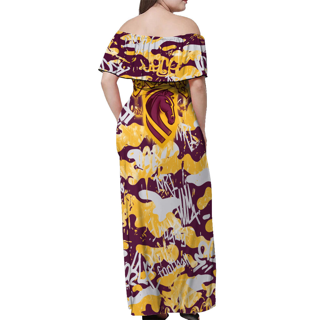Brisbane Broncos Rugby Off Shoulder Maxi Dress Graffiti Typography Urban Camo Abstract Street Style
