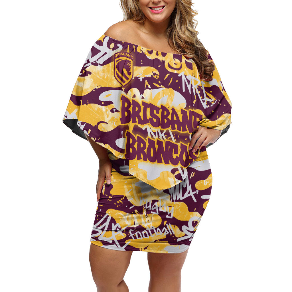 Brisbane Broncos Rugby Off Shoulder Short Dress Graffiti Typography Urban Camo Abstract Street Style