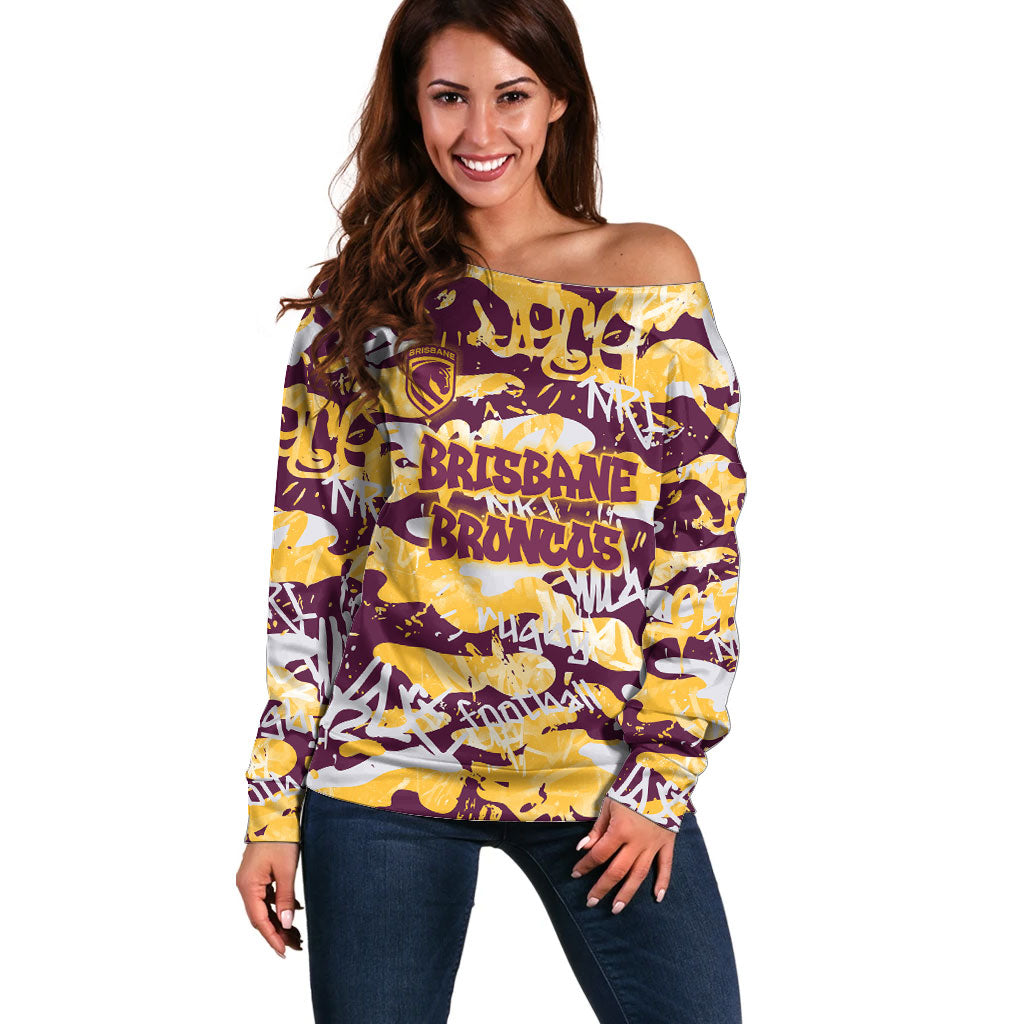 Brisbane Broncos Rugby Off Shoulder Sweater Graffiti Typography Urban Camo Abstract Street Style