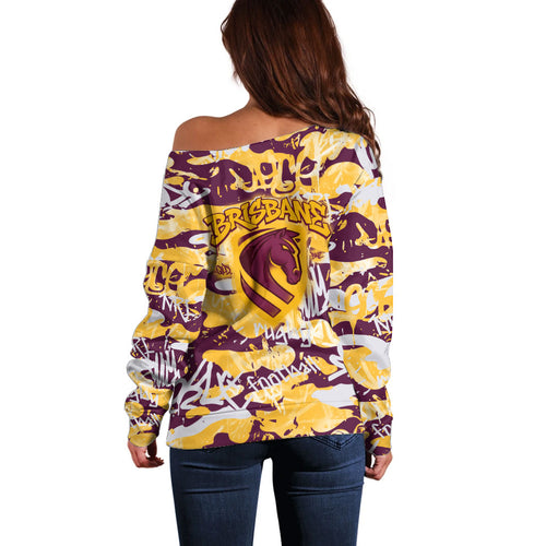 Brisbane Broncos Rugby Off Shoulder Sweater Graffiti Typography Urban Camo Abstract Street Style