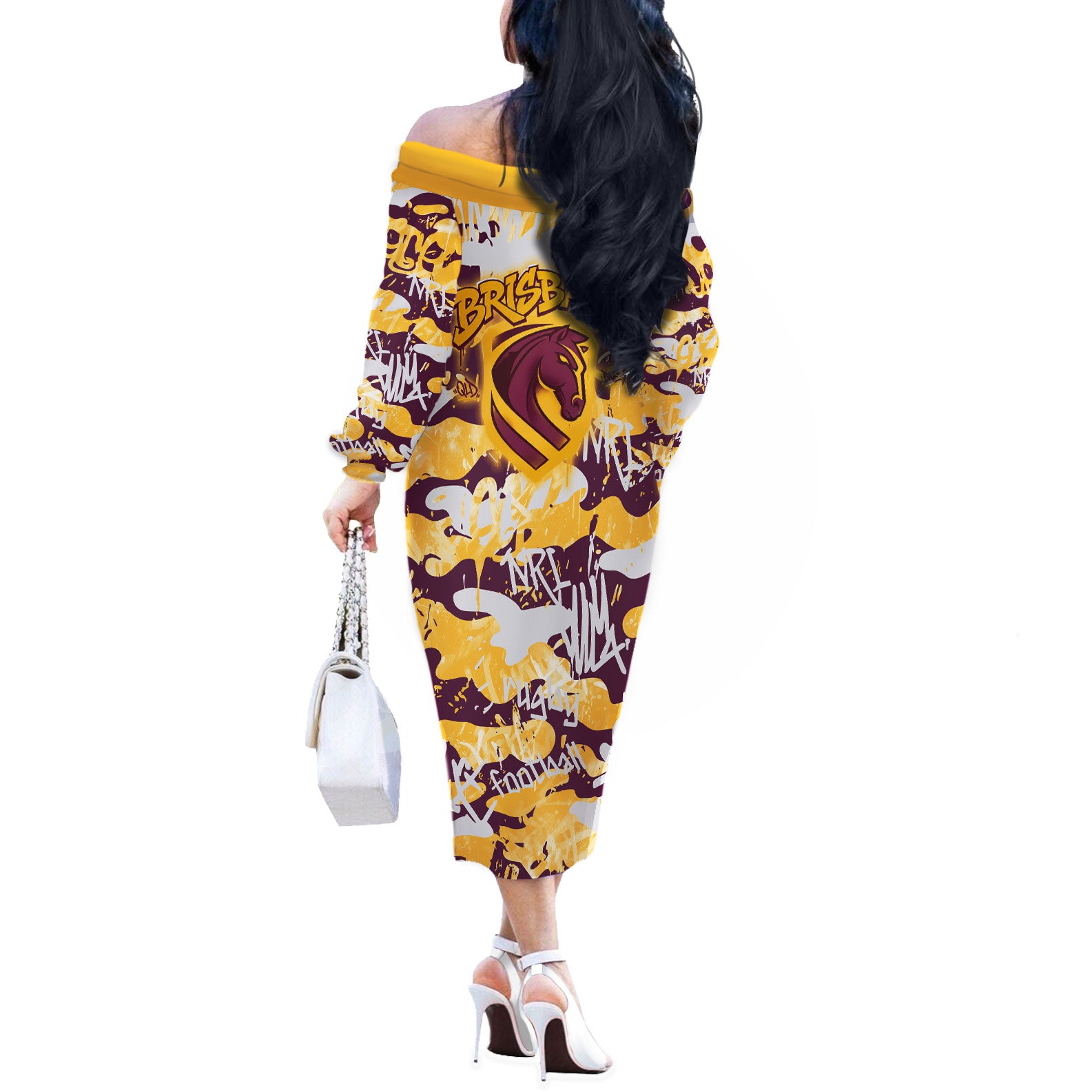 Brisbane Broncos Rugby Off The Shoulder Long Sleeve Dress Graffiti Typography Urban Camo Abstract Street Style