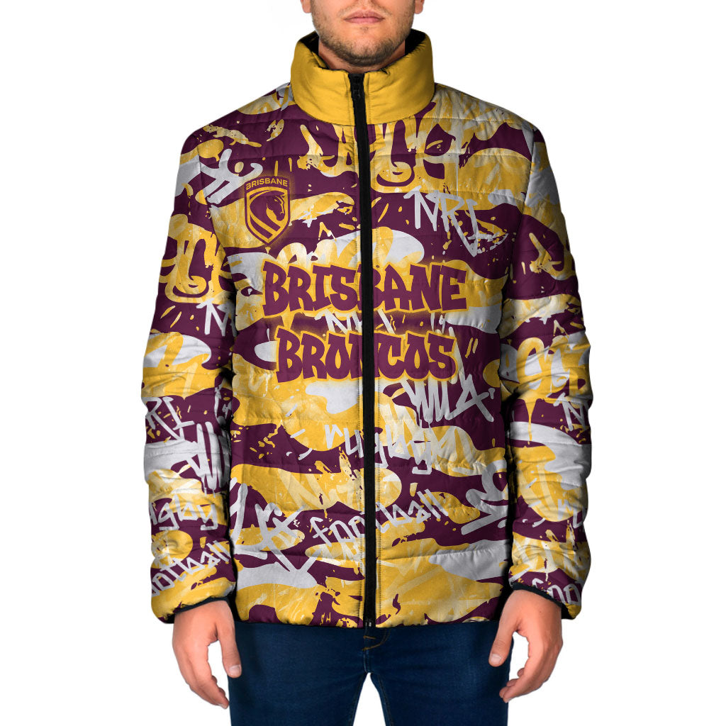 Brisbane Broncos Rugby Padded Jacket Graffiti Typography Urban Camo Abstract Street Style