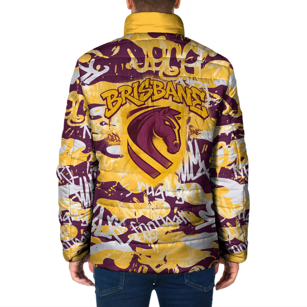 Brisbane Broncos Rugby Padded Jacket Graffiti Typography Urban Camo Abstract Street Style