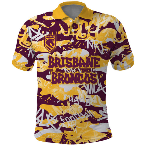 Brisbane Broncos Rugby Polo Shirt Graffiti Typography Urban Camo Abstract Street Style