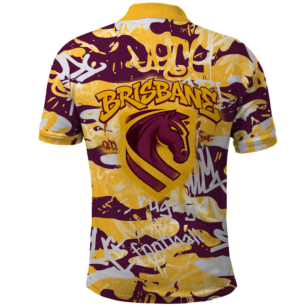 Brisbane Broncos Rugby Polo Shirt Graffiti Typography Urban Camo Abstract Street Style