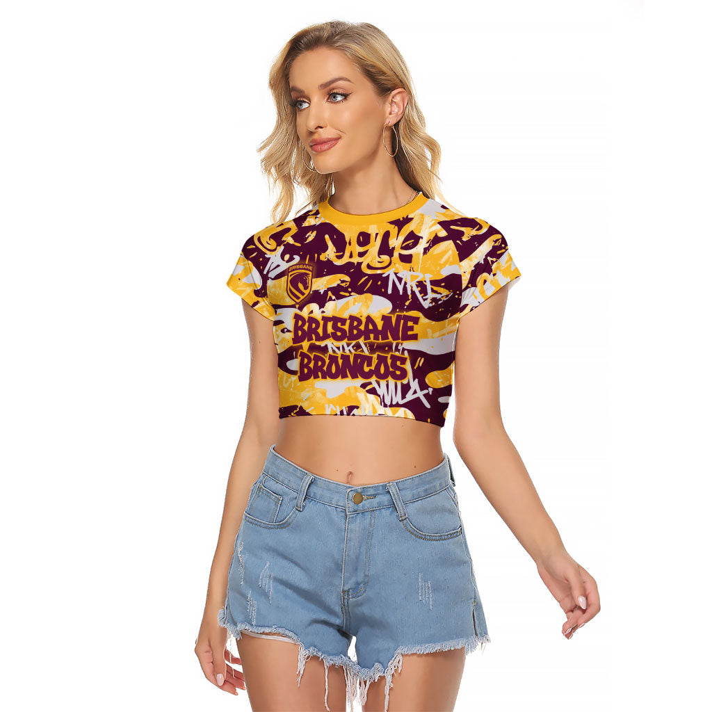 Brisbane Broncos Rugby Raglan Cropped T Shirt Graffiti Typography Urban Camo Abstract Street Style