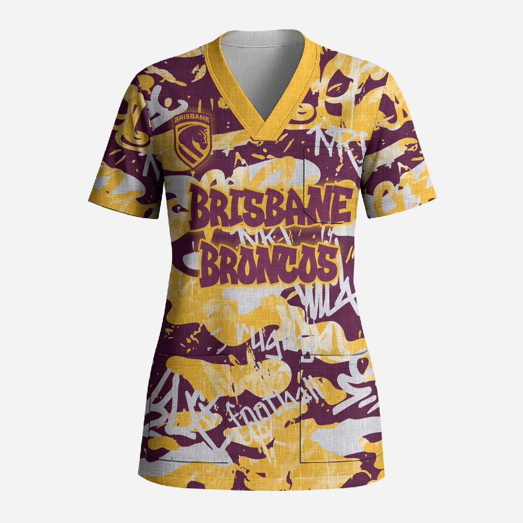 Brisbane Broncos Rugby Scrub Top Graffiti Typography Urban Camo Abstract Street Style