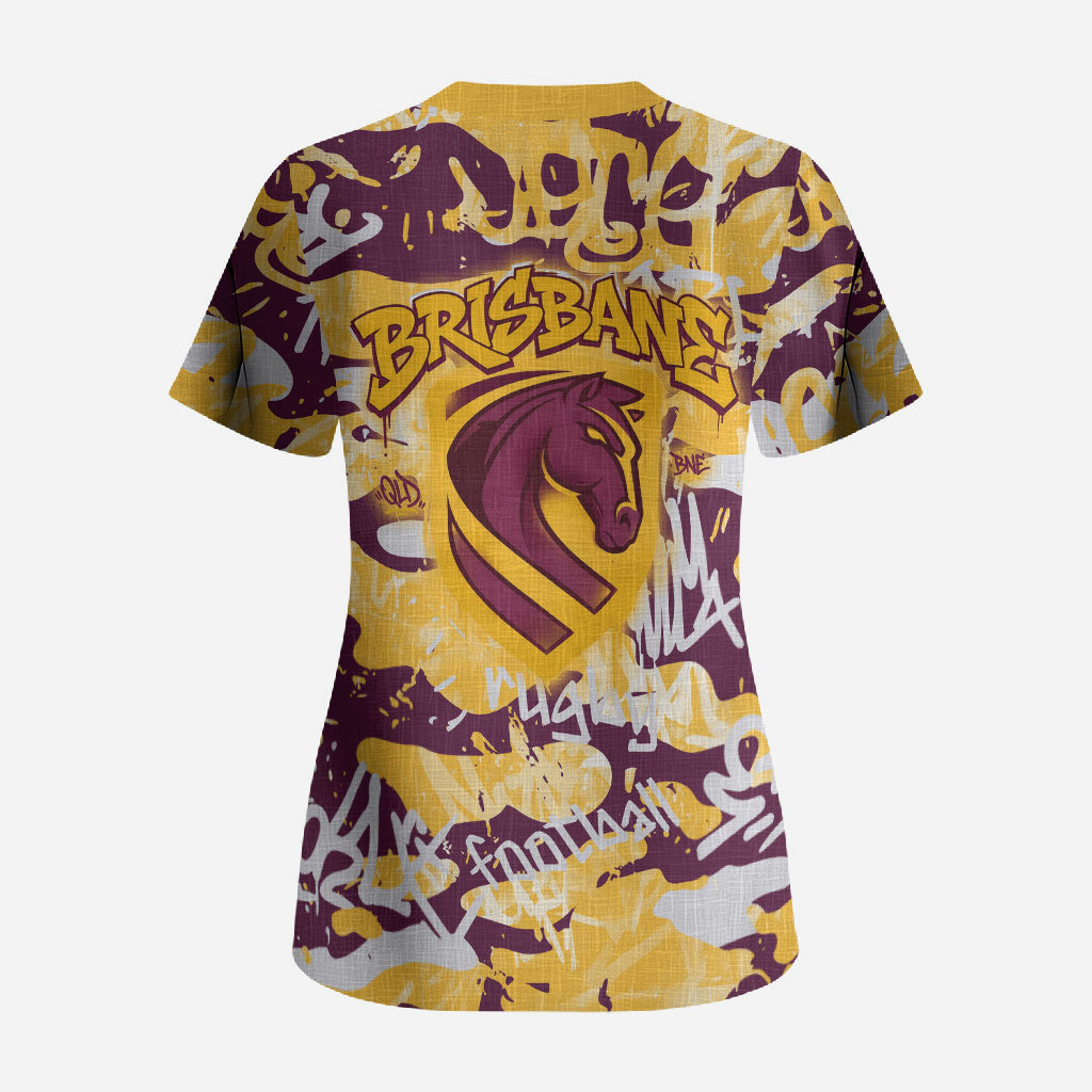 Brisbane Broncos Rugby Scrub Top Graffiti Typography Urban Camo Abstract Street Style