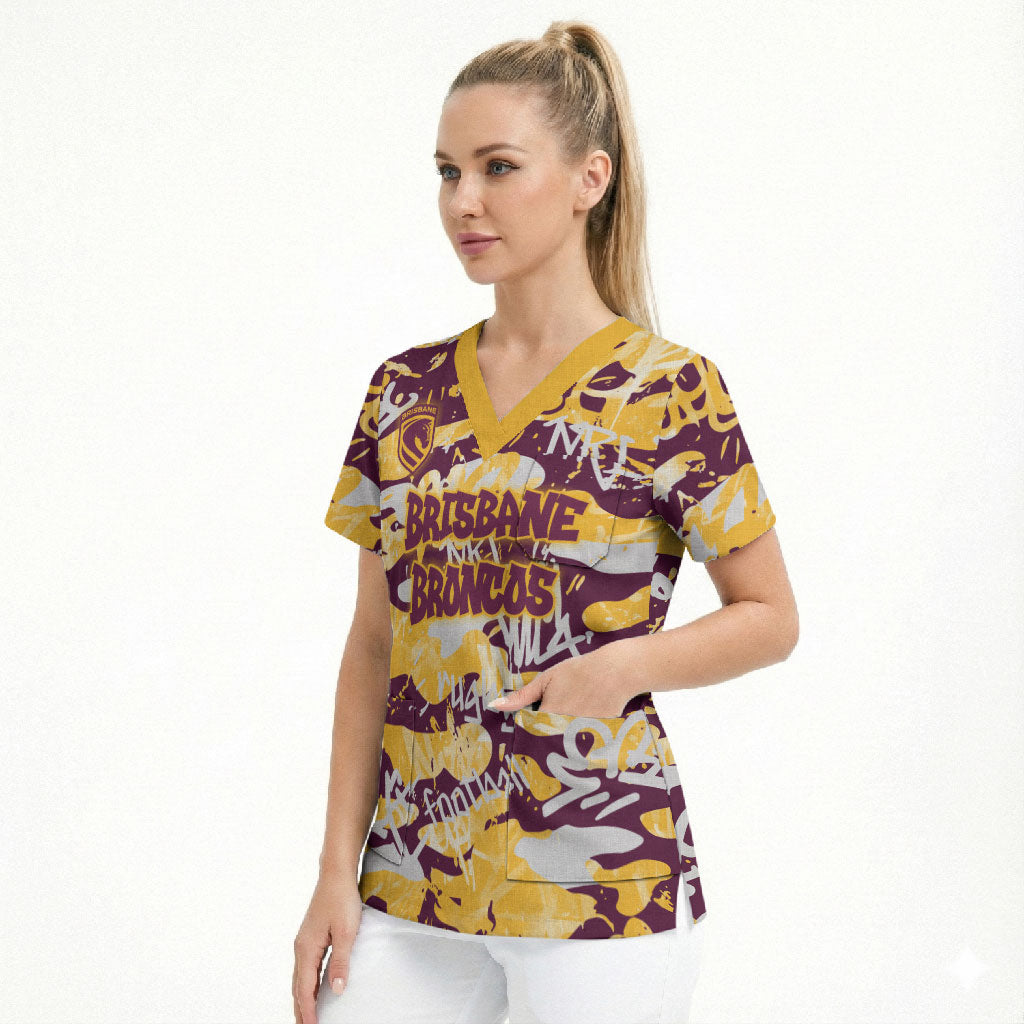 Brisbane Broncos Rugby Scrub Top Graffiti Typography Urban Camo Abstract Street Style