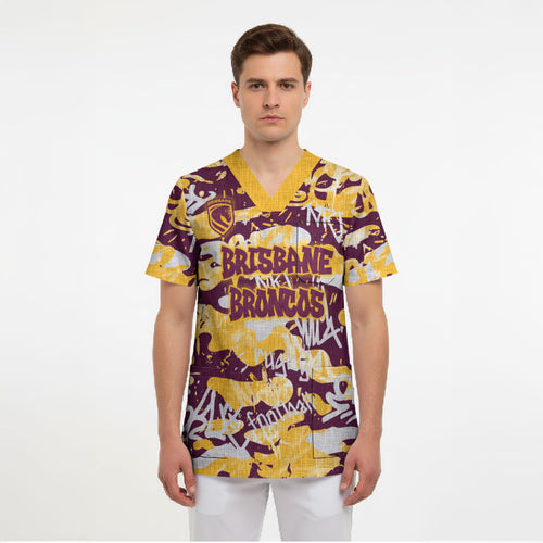 Brisbane Broncos Rugby Scrub Top Graffiti Typography Urban Camo Abstract Street Style