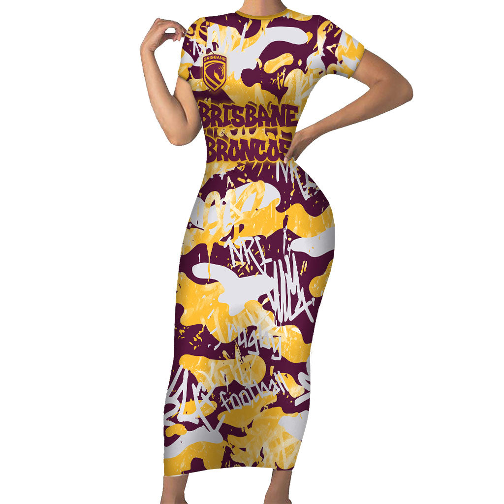 Brisbane Broncos Rugby Short Sleeve Bodycon Dress Graffiti Typography Urban Camo Abstract Street Style