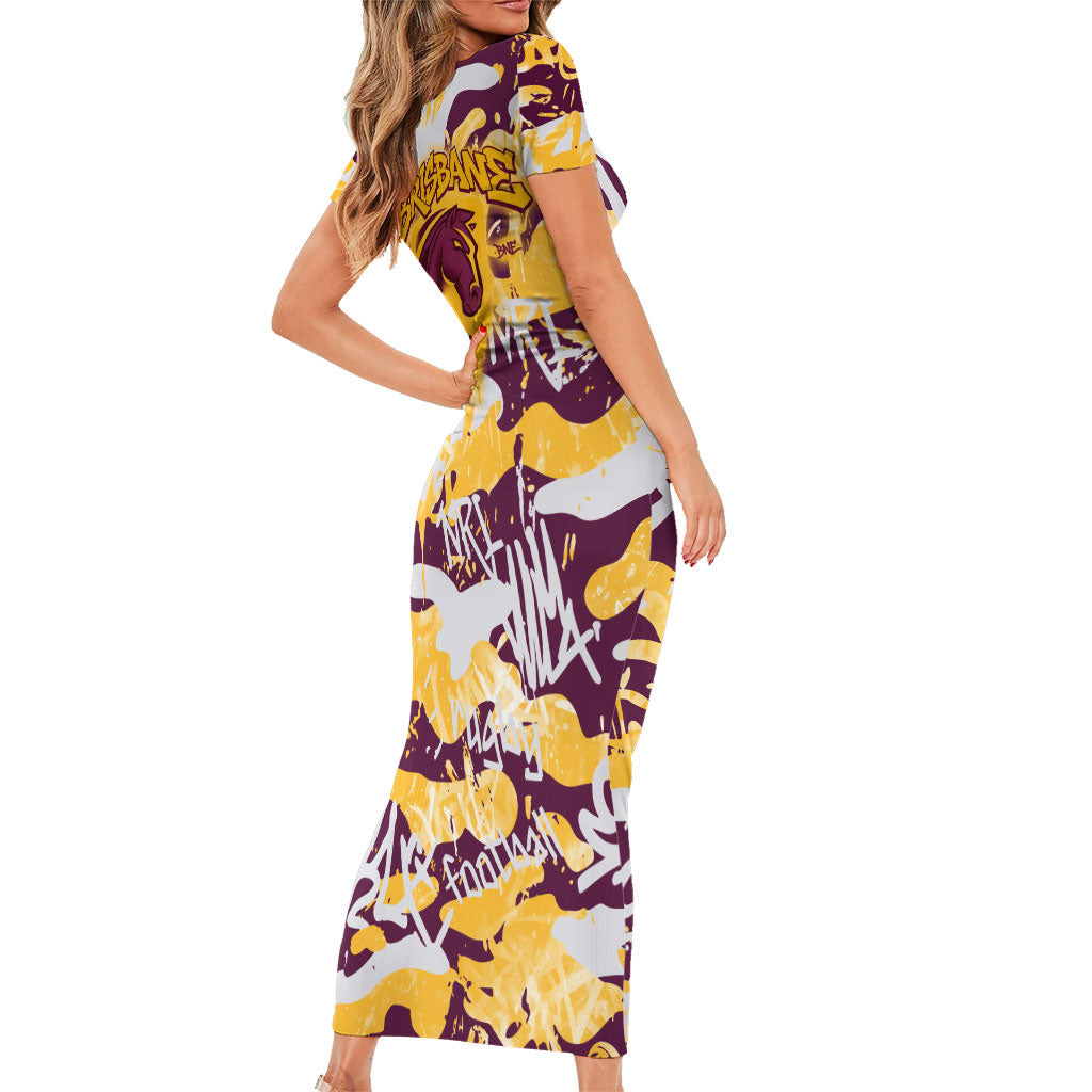 Brisbane Broncos Rugby Short Sleeve Bodycon Dress Graffiti Typography Urban Camo Abstract Street Style