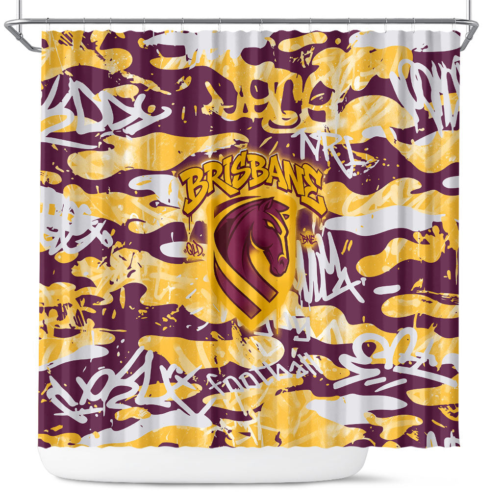 Brisbane Broncos Rugby Shower Curtain Graffiti Typography Urban Camo Abstract Street Style